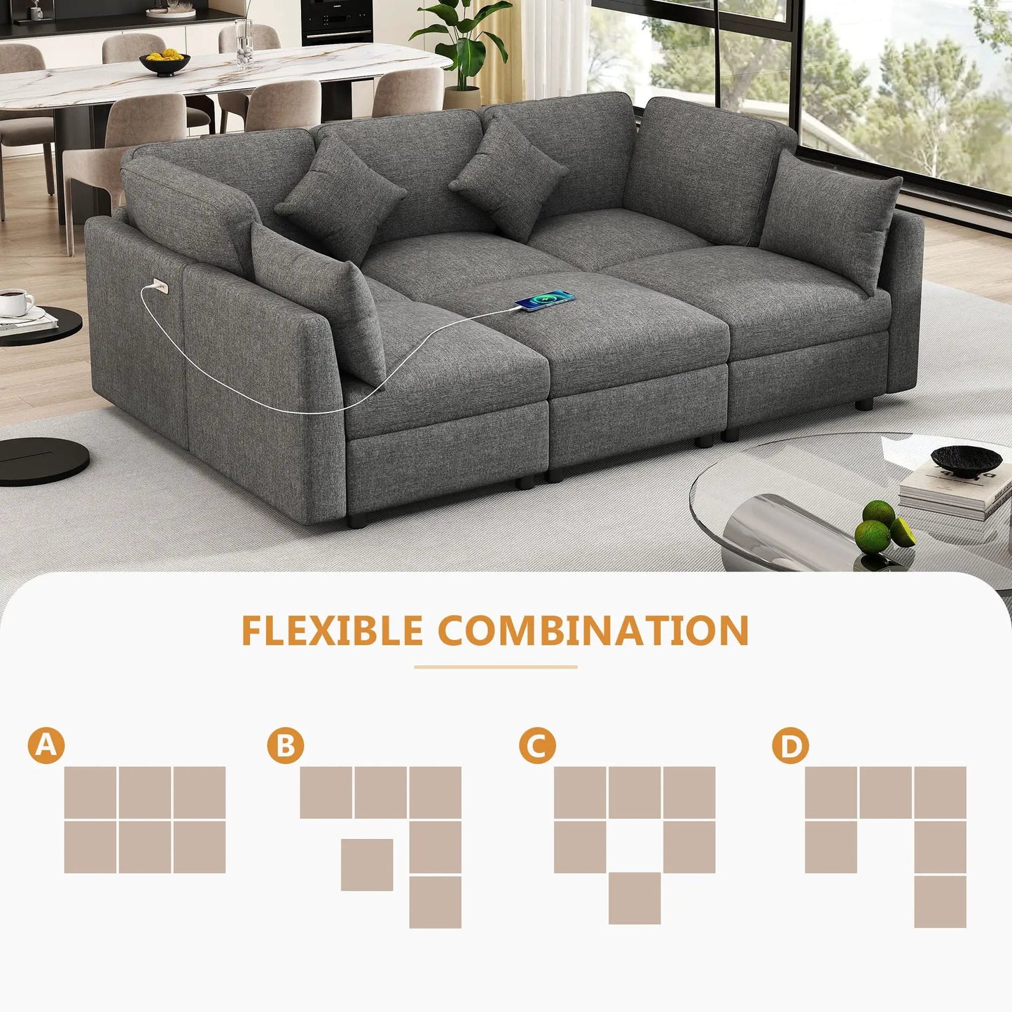 Gray fabric U-shaped sectional sofa with ottoman and USB ports, 2pc set by Unique Piece on Tampa Home & Garden Store