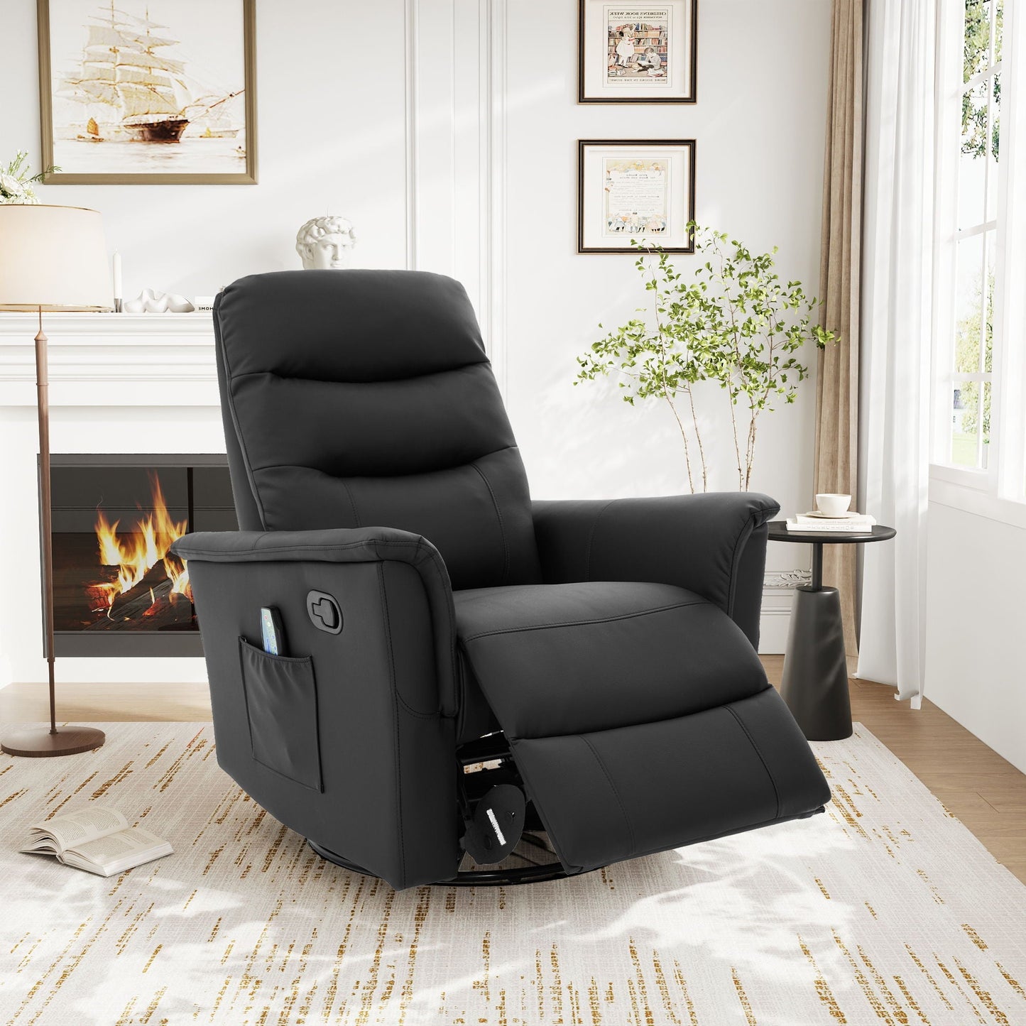 Manual recliner massage chair in black leather with 8-point massage and swivel by HouseOfZazla on Tampa Home & Garden Store