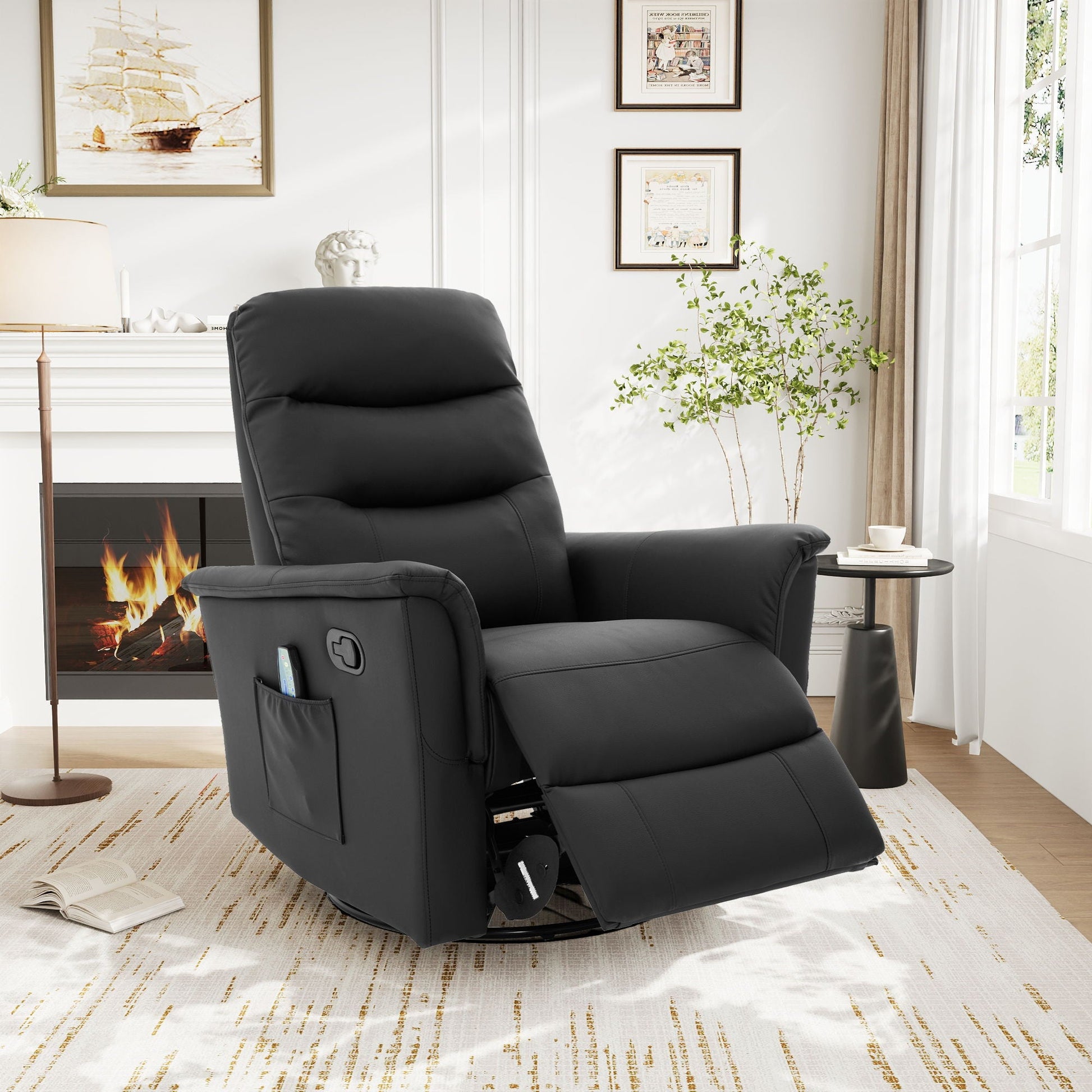 Manual recliner massage chair in black leather with 8-point massage and swivel by HouseOfZazla on Tampa Home & Garden Store