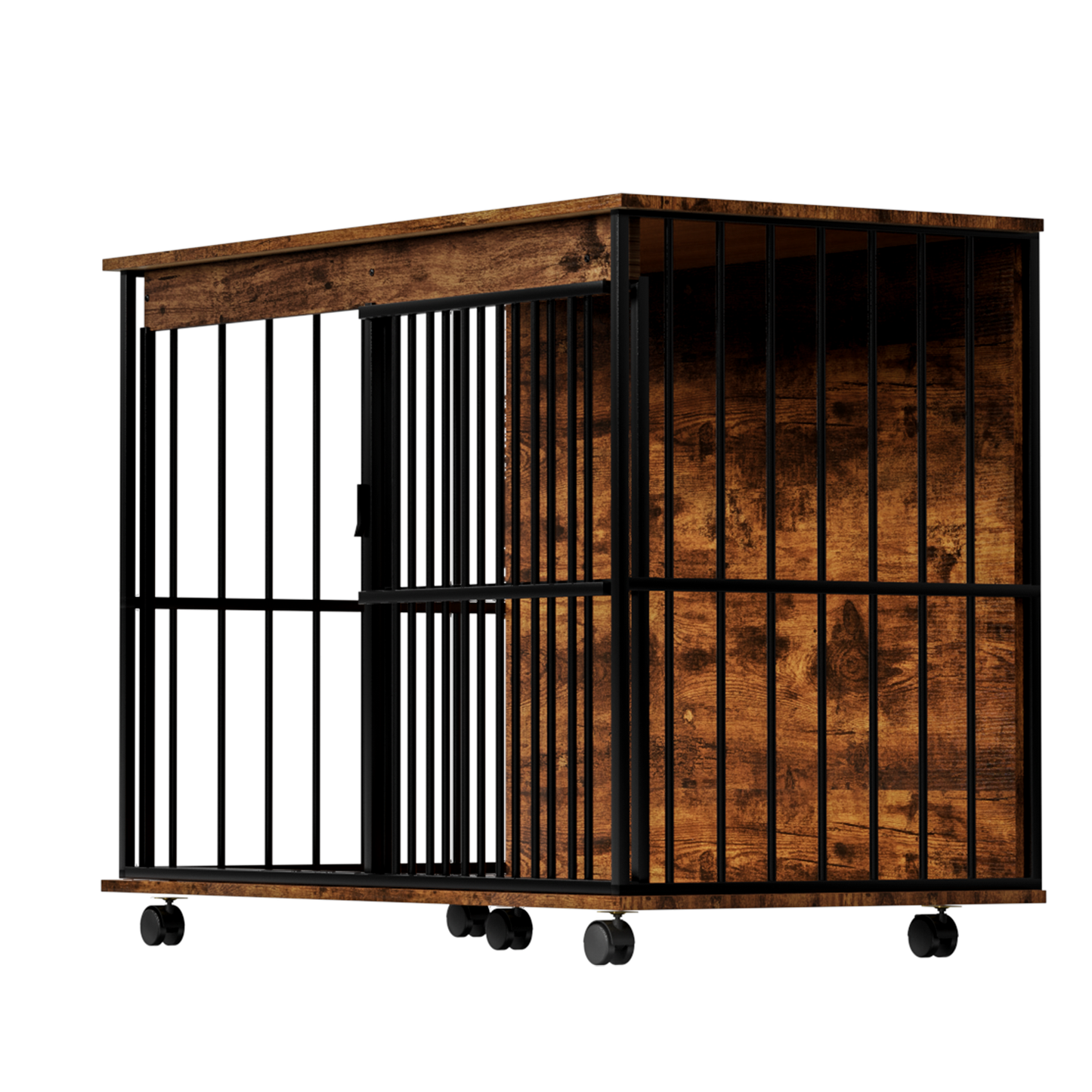 Large wooden dog crate furniture by HouseOfZazla, dark wood panels with black bars on casters on Tampa Home & Garden Store