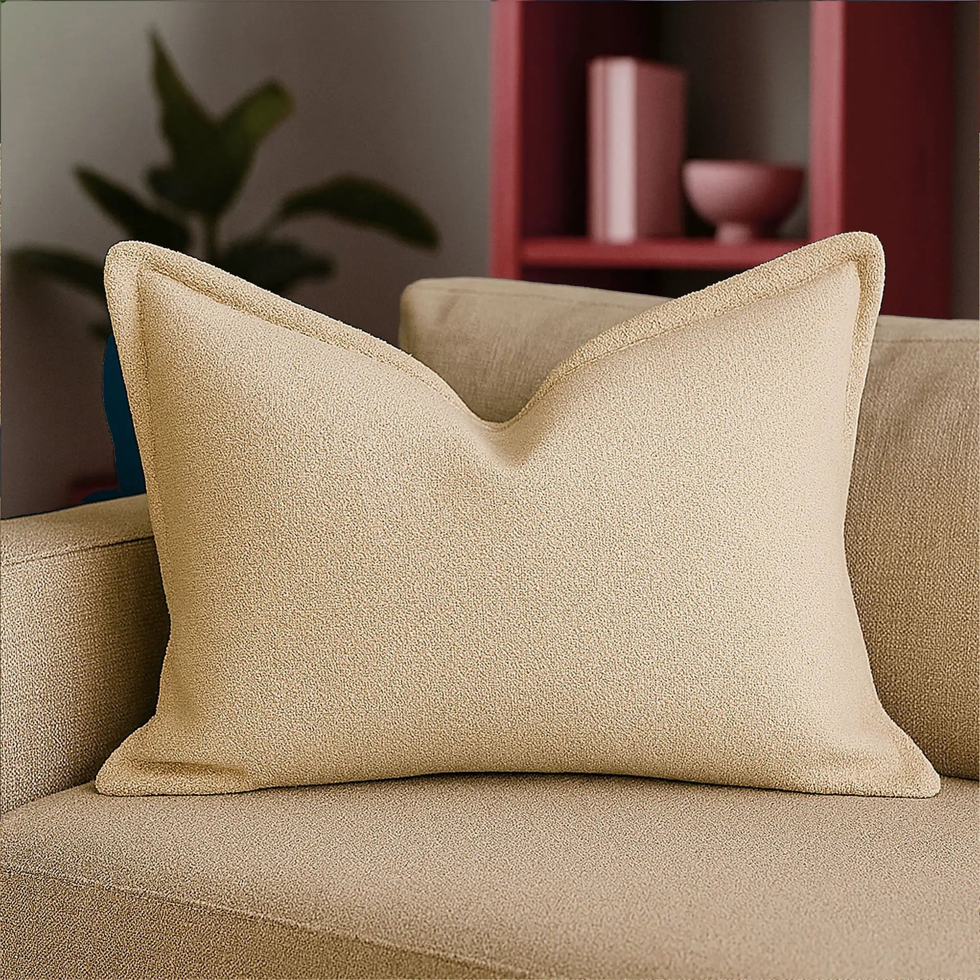 Homey Cozy Ivory textured throw pillow Unique Piece Furniture, boucle cushions on beige sofa on Tampa Home & Garden Store