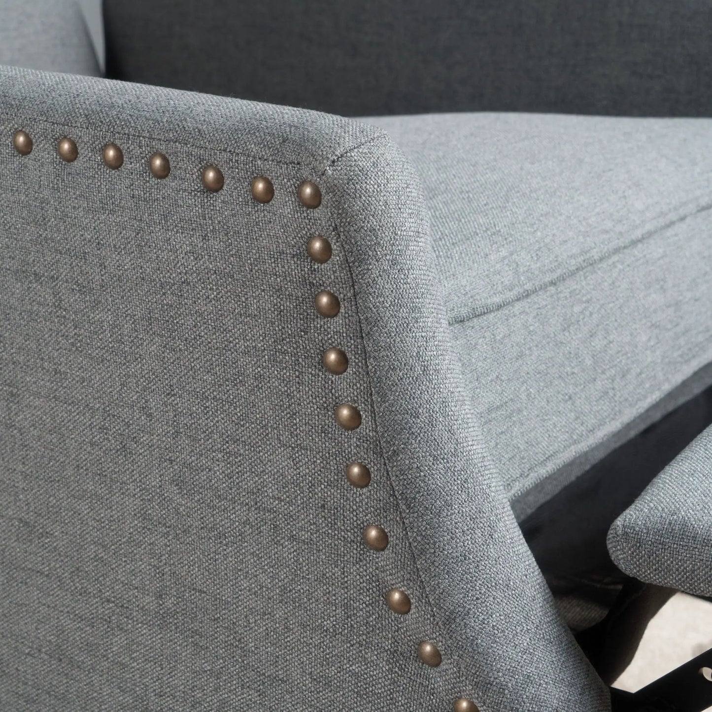 Westeros Wing Back Fabric Upholstered Recliner gray textured fabric with brass nailhead trim on Tampa Home & Garden Store