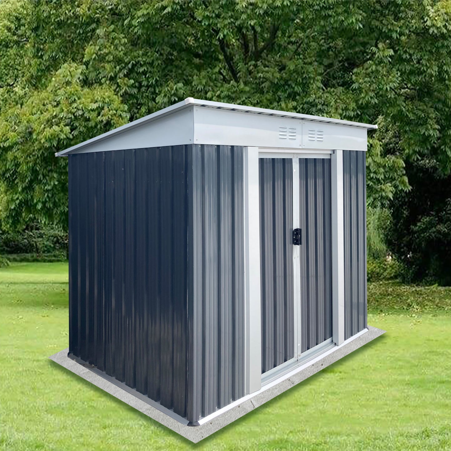Outdoor storage shed 6x4ft pent roof navy blue metal siding by HouseOfZazla on concrete pad on Tampa Home & Garden Store