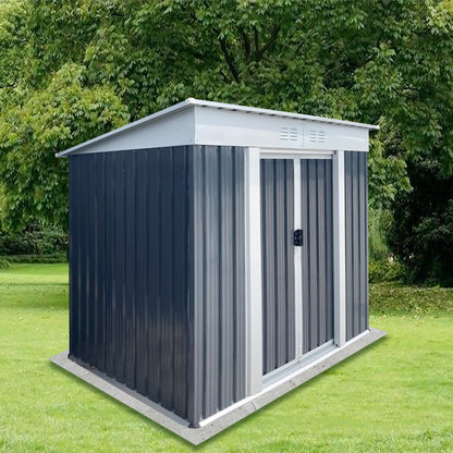 Outdoor storage shed 6x4ft pent roof navy blue metal siding by HouseOfZazla on concrete pad on Tampa Home & Garden Store