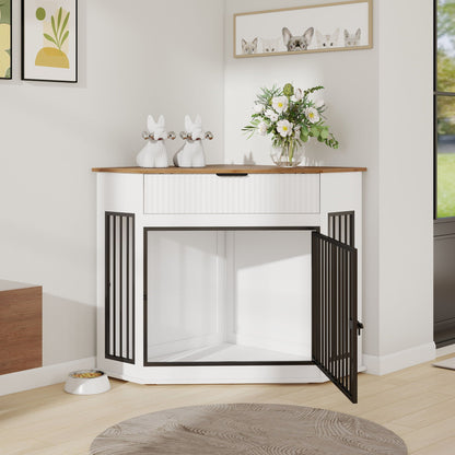 Corner Dog Crate by HouseOfZazla, white cabinet with black metal bars and flower vase on Tampa Home & Garden Store