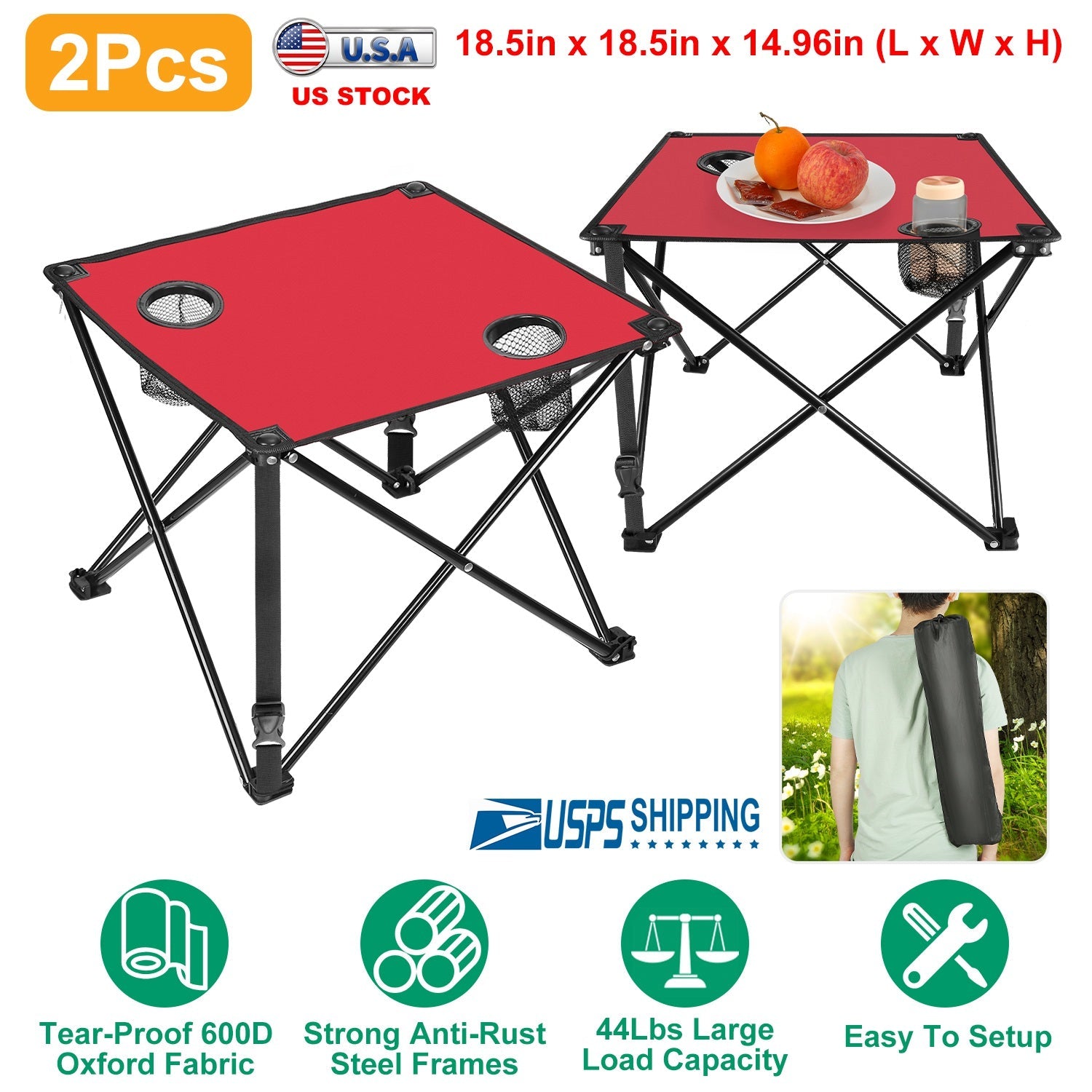 2Pcs GemGear foldable camping tables red tops, black steel frames, 2 cup holders carry bag on Tampa Home & Garden Store
