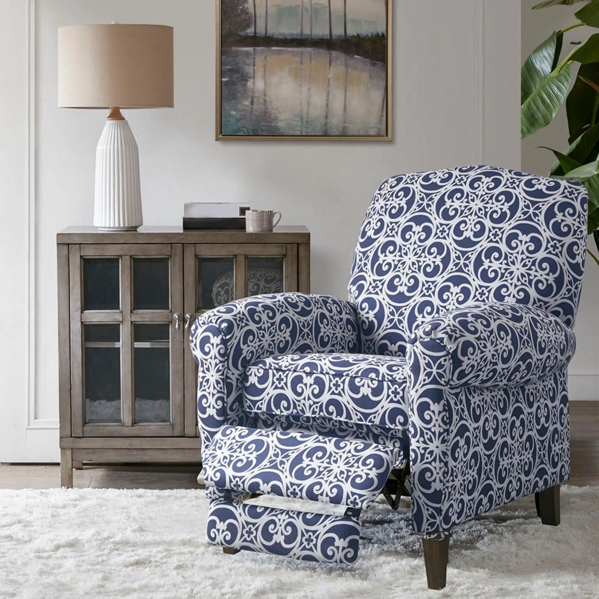 Kirby Transitional Push Back Recliner Chair in blue and white damask fabric on Tampa Home & Garden Store