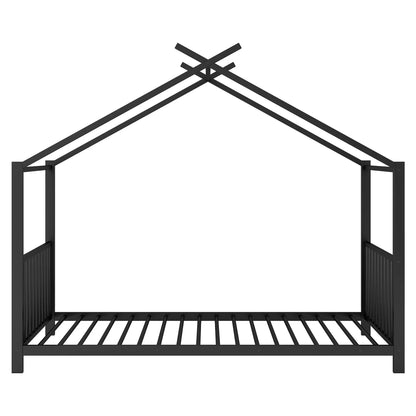 Metal canopy bed frame with black steel, cross-brace top, and slatted platform on Tampa Home & Garden Store