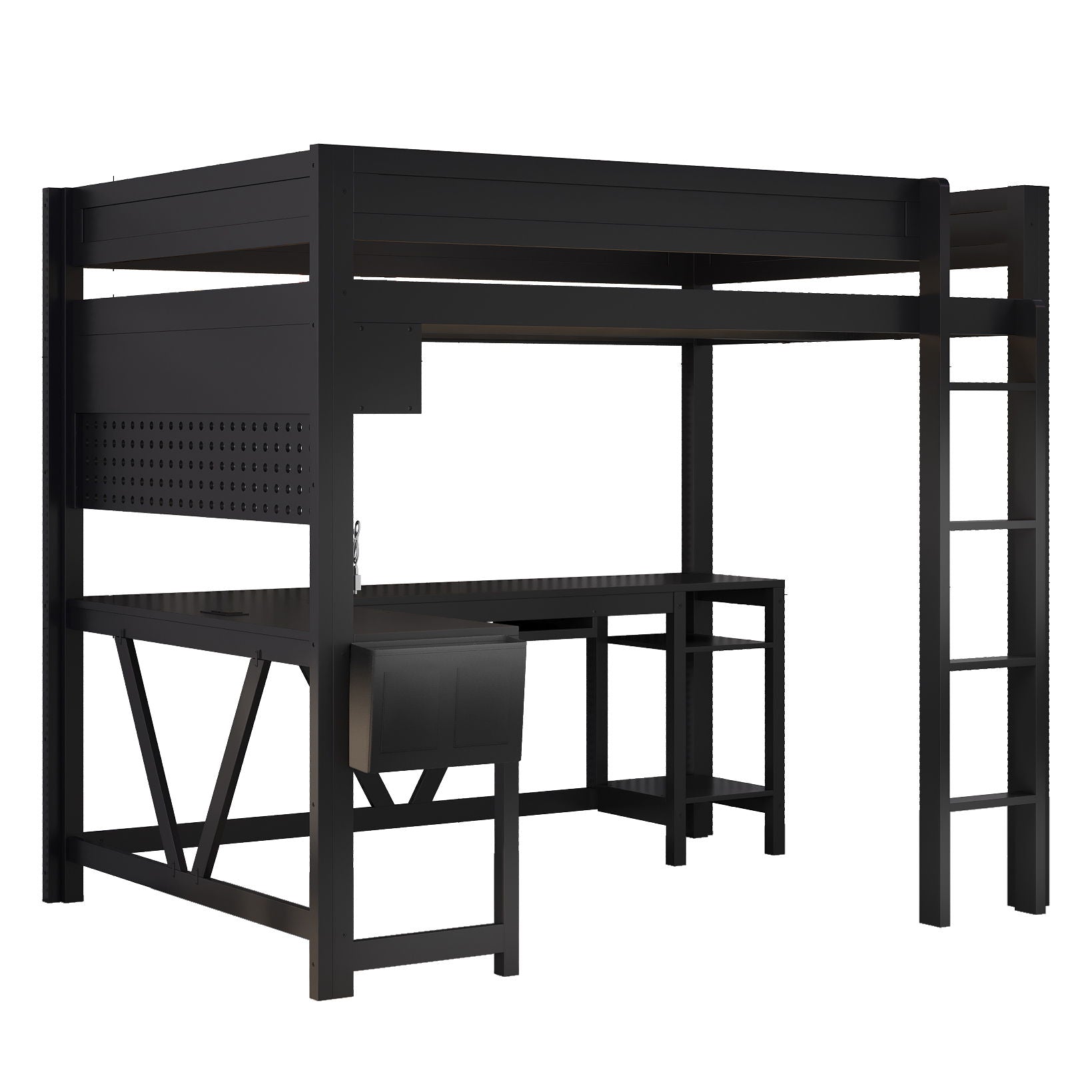 Gaming Loft Bed with Desk and Shelves black metal frame LED charging station on Tampa Home & Garden Store