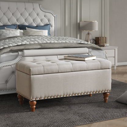Upholstered storage ottoman with rivet trim in beige fabric by HouseOfZazla on Tampa Home & Garden Store