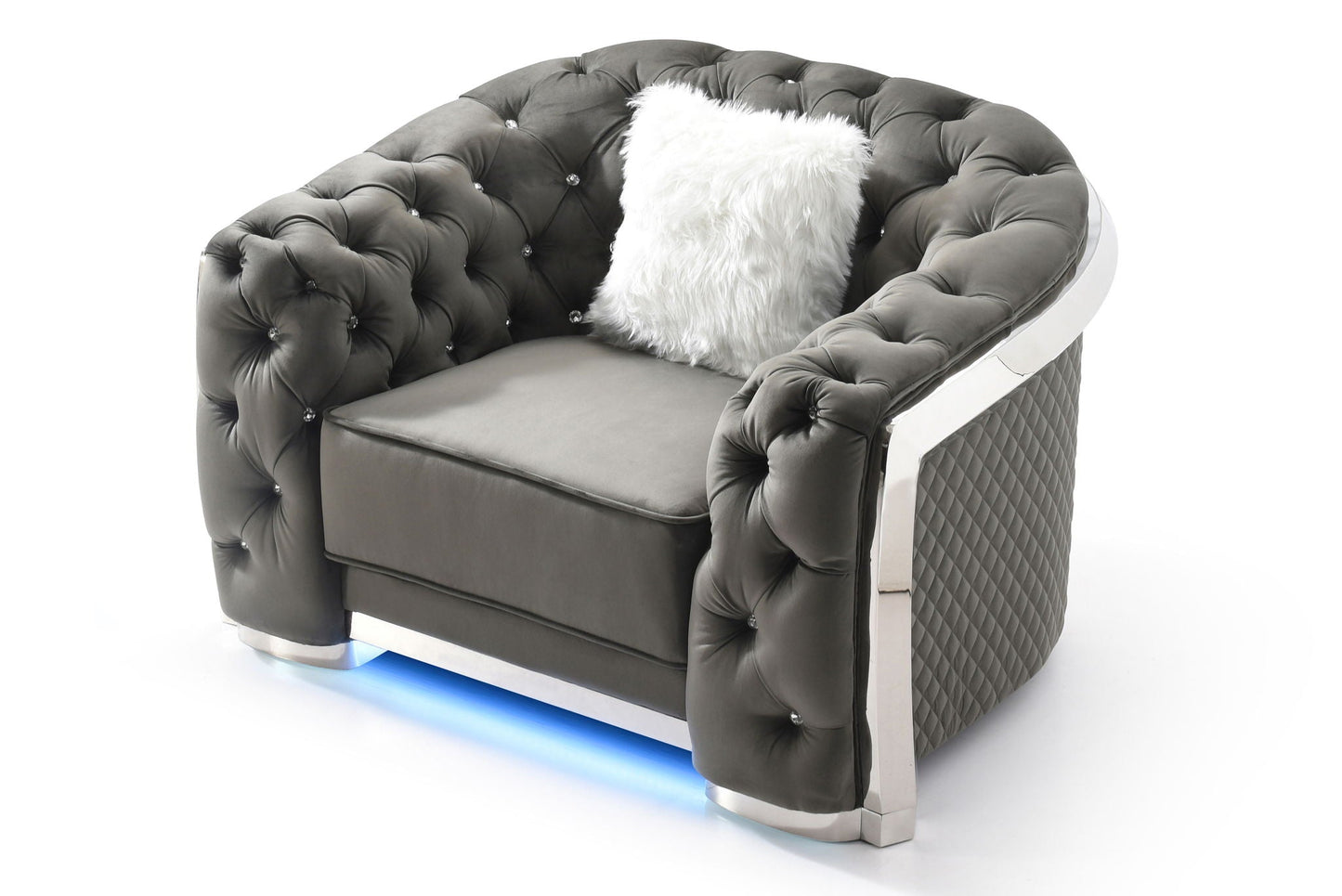 Sophisticated Gray Accent Chair by HouseOfZazla with tufted velvet upholstery and white pillow on Tampa Home & Garden Store