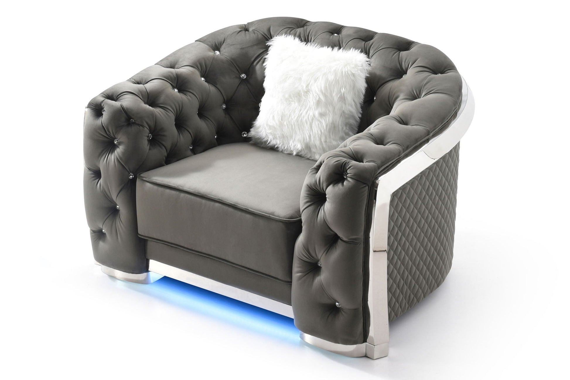 Sophisticated Gray Accent Chair by HouseOfZazla with tufted velvet upholstery and white pillow on Tampa Home & Garden Store