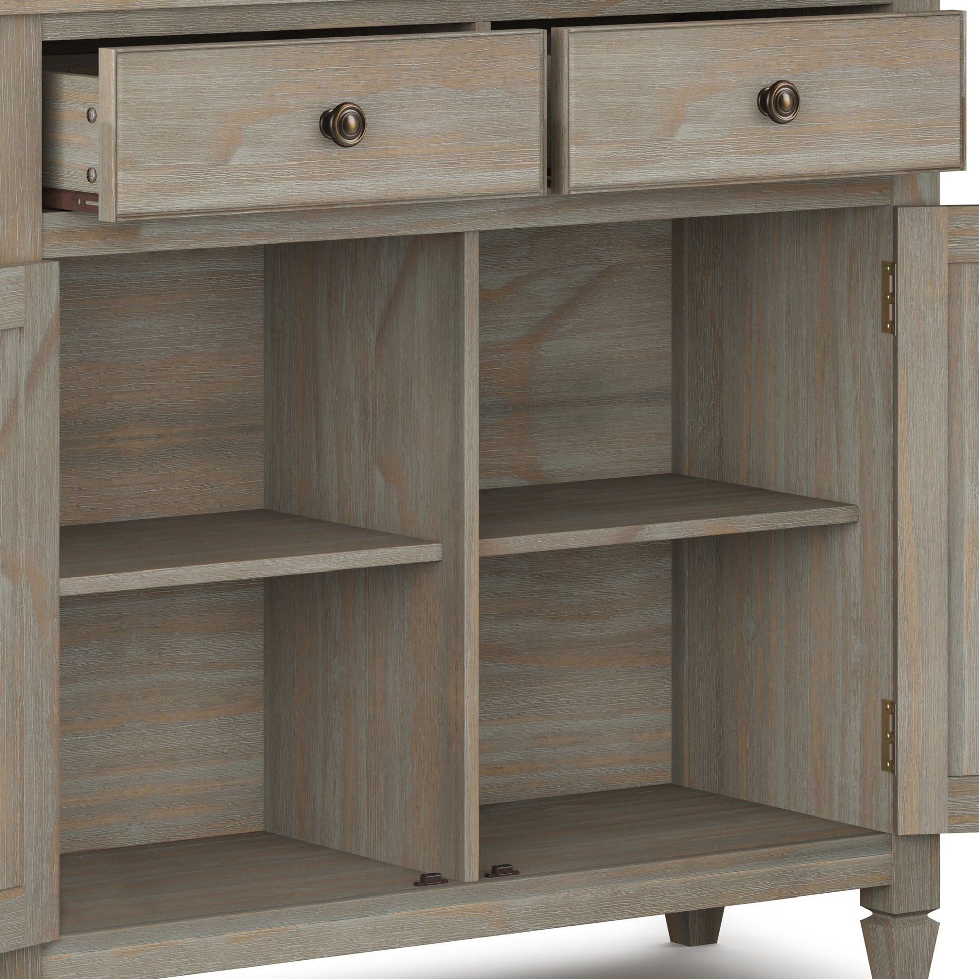 Connaught entryway storage cabinet with drawers and open shelves in weathered gray wood finish on Tampa Home & Garden Store