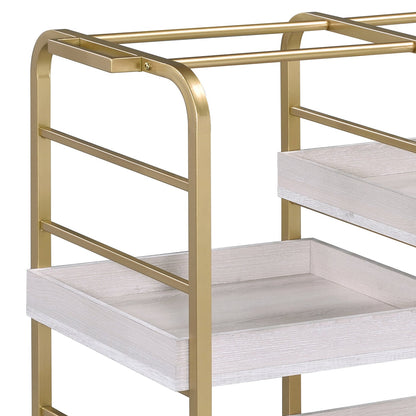 Vorrik gold and whitewashed finish serving cart with gold metal frame and whitewashed shelves on Tampa Home & Garden Store