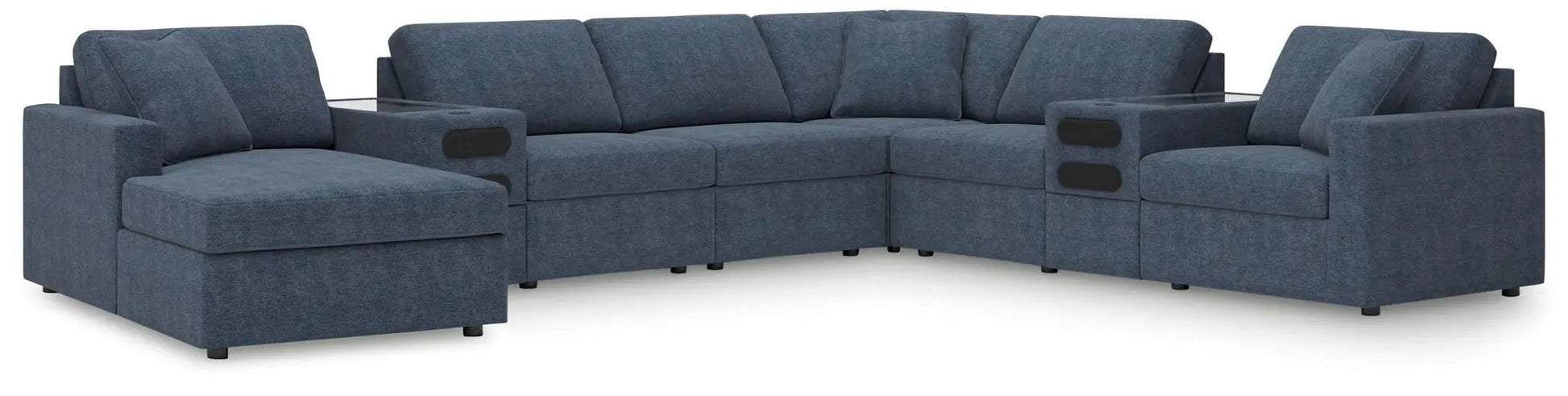 Modmax ink stationary sectional in blue fabric, L-shaped modular sofa with built-in cup holders on Tampa Home & Garden Store