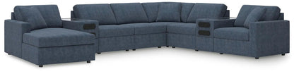 Modmax ink stationary sectional in blue fabric, L-shaped modular sofa with built-in cup holders on Tampa Home & Garden Store