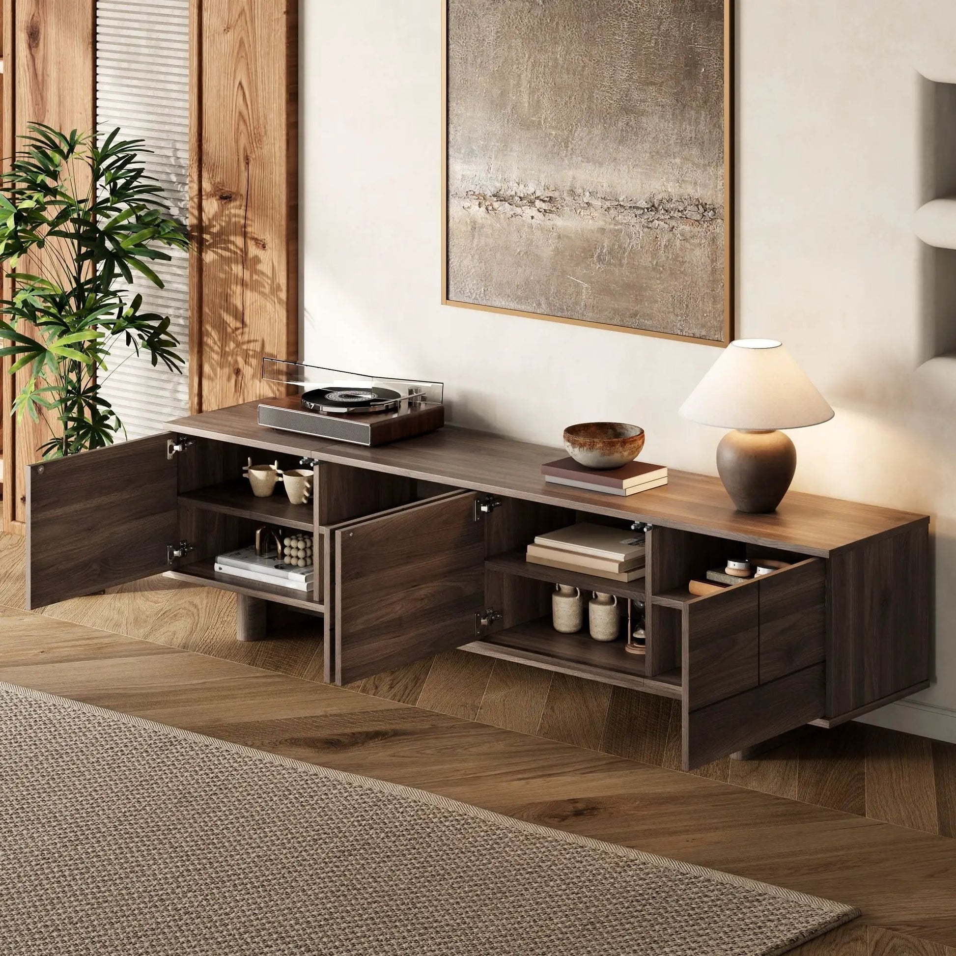 TV stand dark brown wood with open shelves and cabinet storage for media devices on Tampa Home & Garden Store