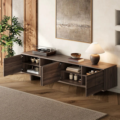 TV stand dark brown wood with open shelves and cabinet storage for media devices on Tampa Home & Garden Store