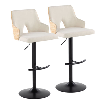 Contemporary adjustable barstool set with swivels, gray fabric, wood frames, 2 stools on Tampa Home & Garden Store