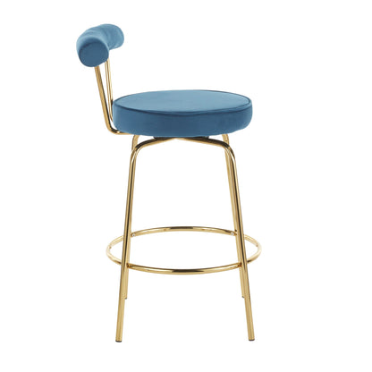 Glam counter stool with blue velvet seat and swivel gold-tone base with curved legs on Tampa Home & Garden Store