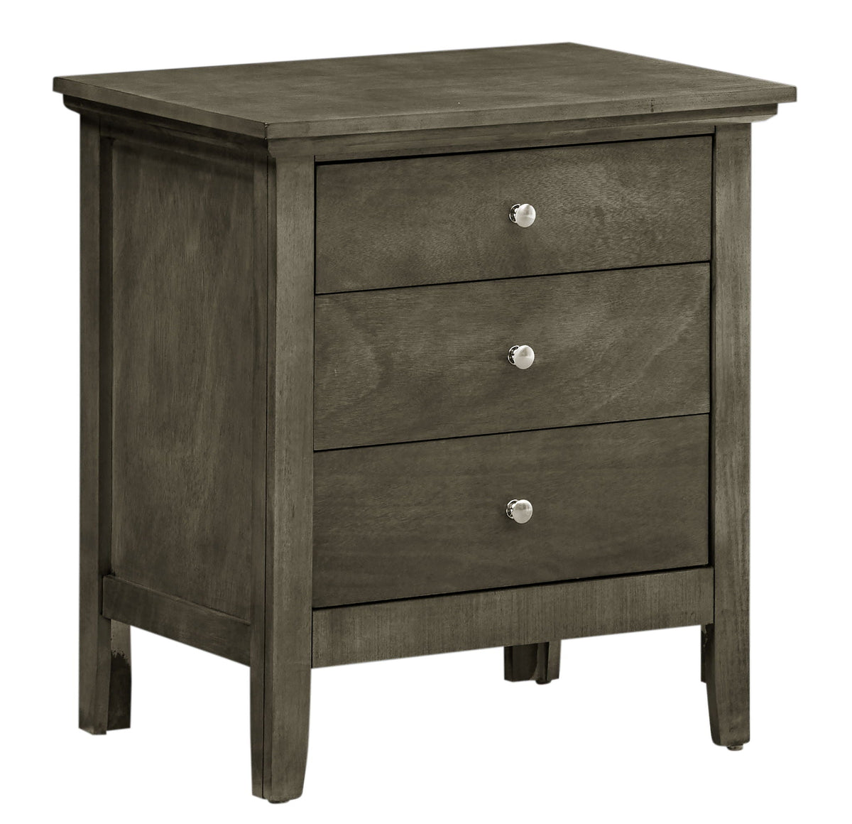 3-drawer dovetail nightstand in dark charcoal finish with silver knob pulls on Tampa Home & Garden Store