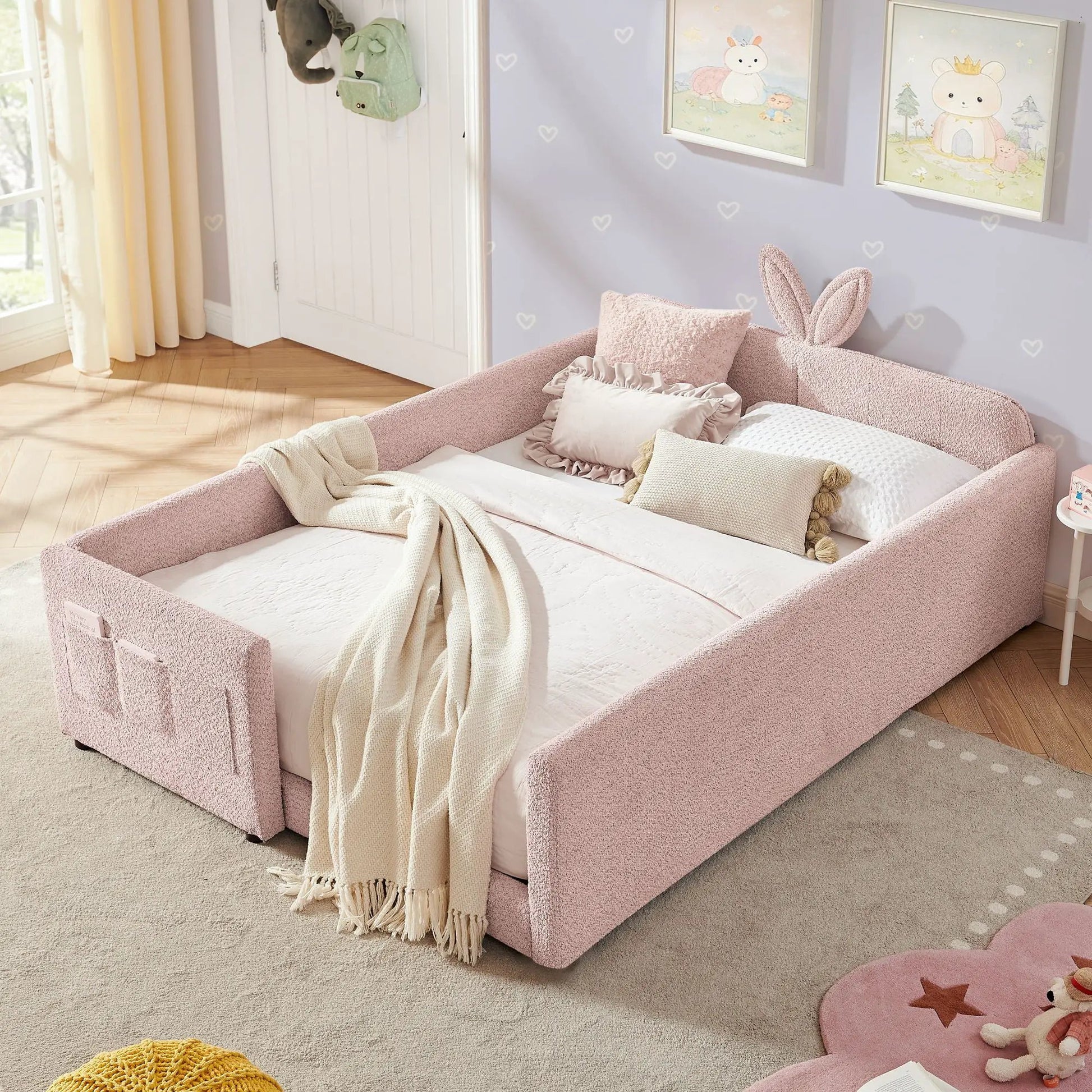 Unique Piece Furniture pink rabbit-ear upholstered platform bed frame with safety rail on Tampa Home & Garden Store
