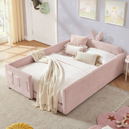 Unique Piece Furniture pink rabbit-ear upholstered platform bed frame with safety rail on Tampa Home & Garden Store