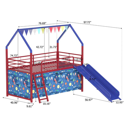 Jack House Loft Bed with Slide and Curtain Set by HouseOfZazla, red frame with blue slide on Tampa Home & Garden Store