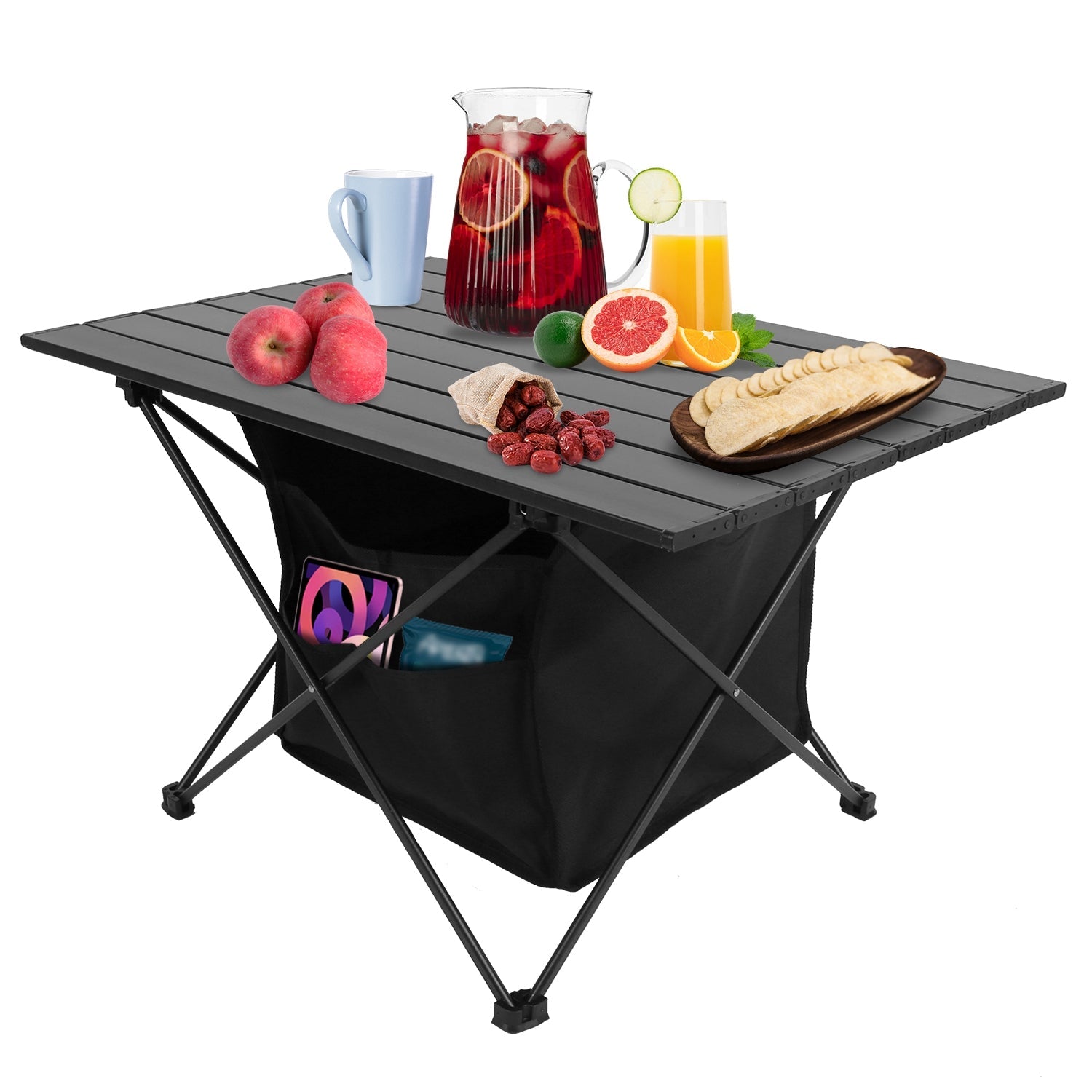 GemGear foldable camping table with storage basket, gray aluminum top and black bag on Tampa Home & Garden Store