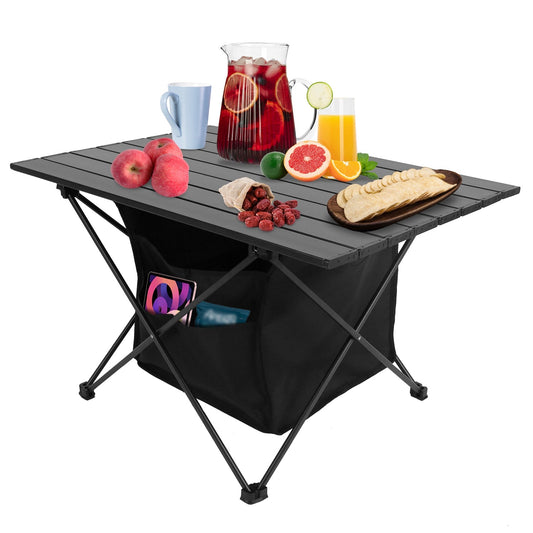 GemGear foldable camping table with storage basket, gray aluminum top and black bag on Tampa Home & Garden Store
