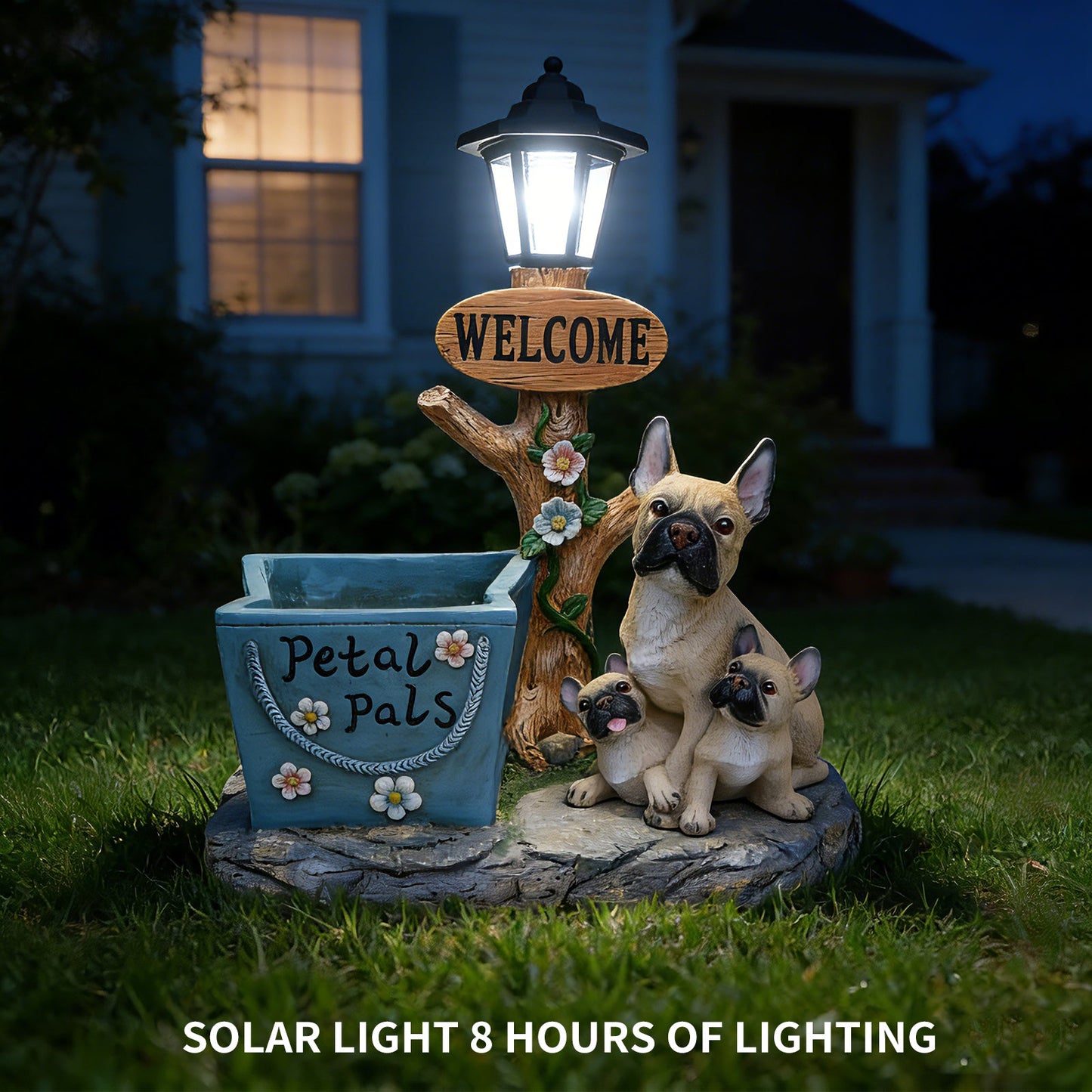 French Bulldog family planter statue with welcome lantern and blue flower pot on Tampa Home & Garden Store