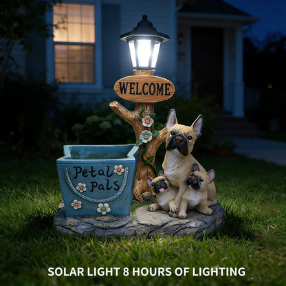 French Bulldog family planter statue with welcome lantern and blue flower pot on Tampa Home & Garden Store