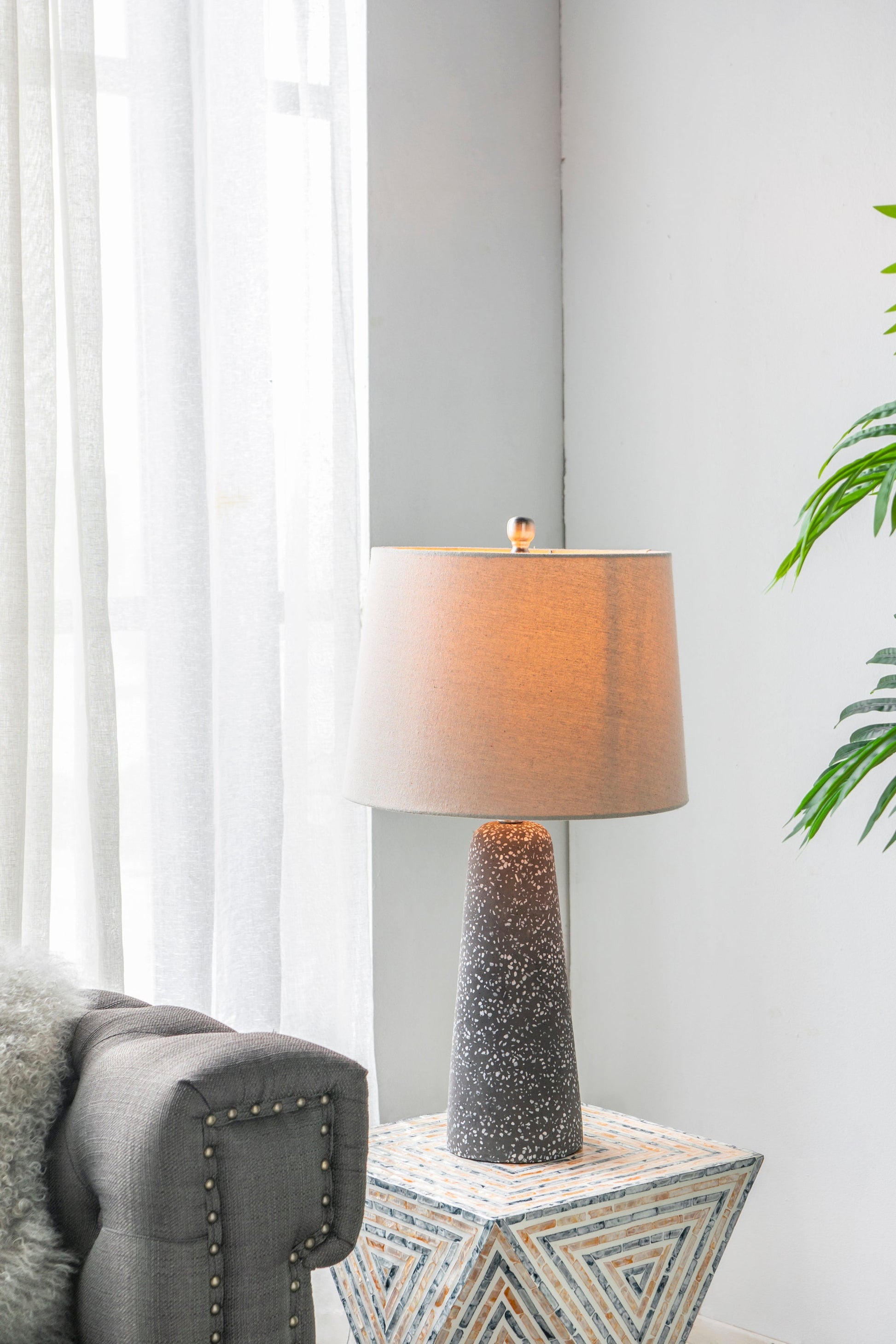 Artisan multicolor glass table lamp by HouseOfZazla with speckled base and copper shade on Tampa Home & Garden Store