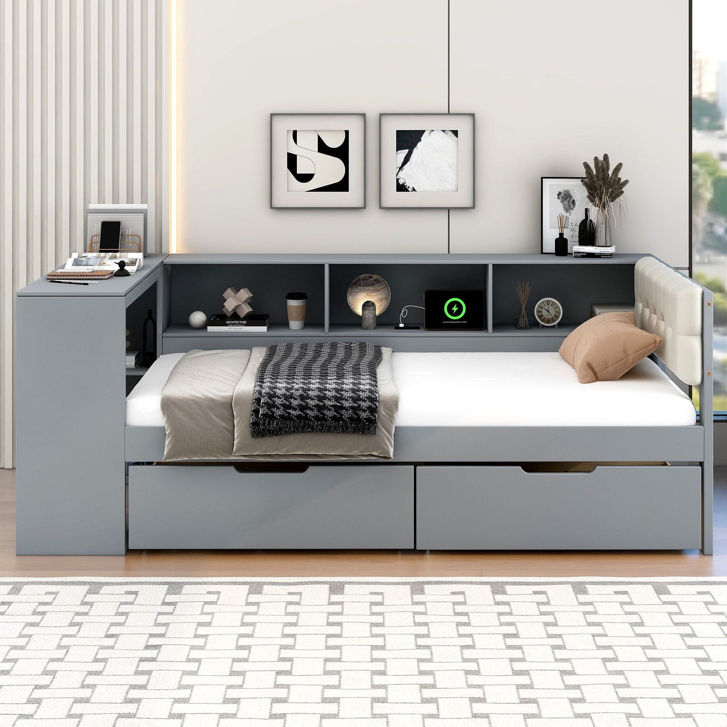 Upholstered gray storage platform bed by HouseOfZazla with built-in drawers and charging station on Tampa Home & Garden Store