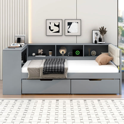 Upholstered gray storage platform bed by HouseOfZazla with built-in drawers and charging station on Tampa Home & Garden Store