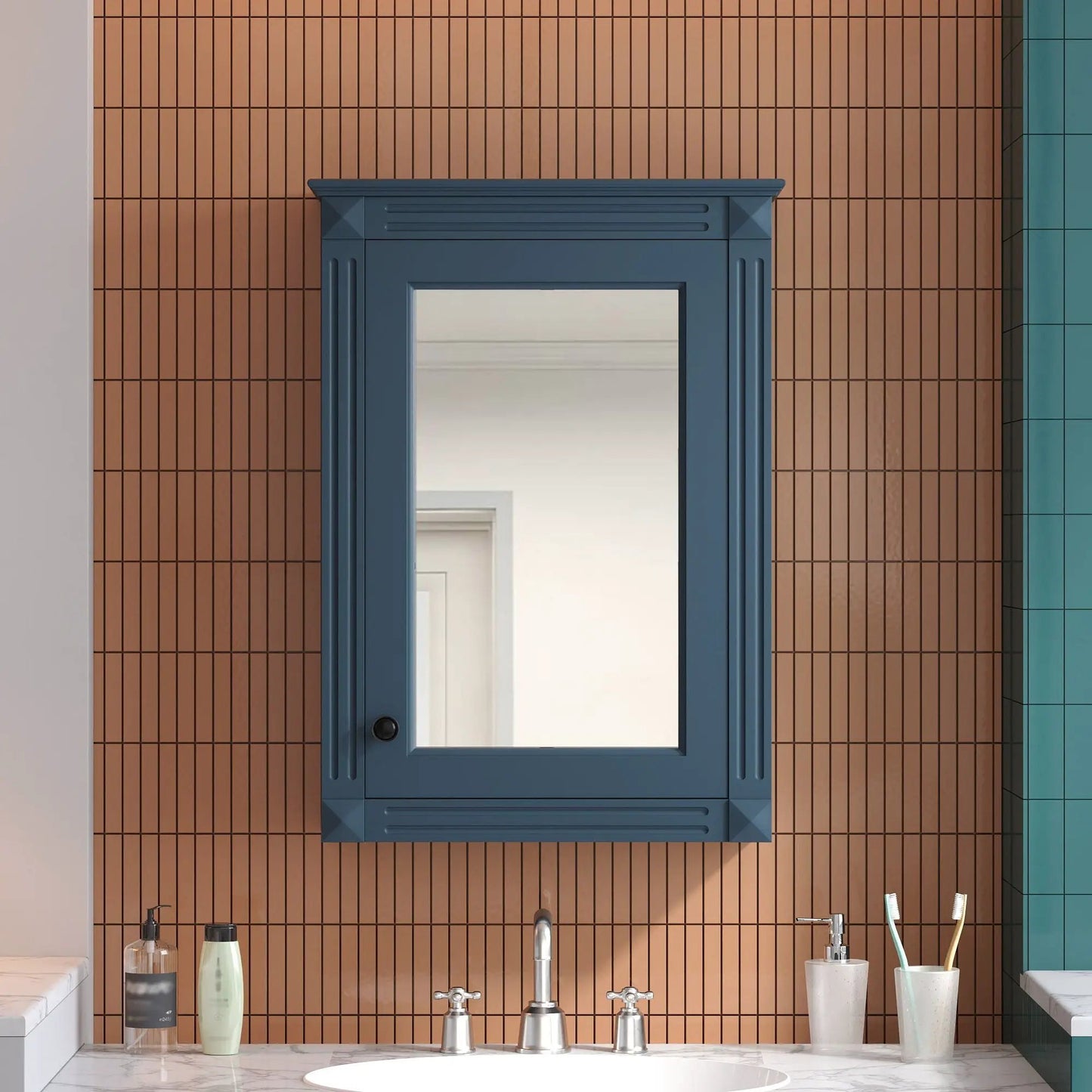 Medicine cabinet with mirror in blue, wall mounted over toilet on Tampa Home & Garden Store