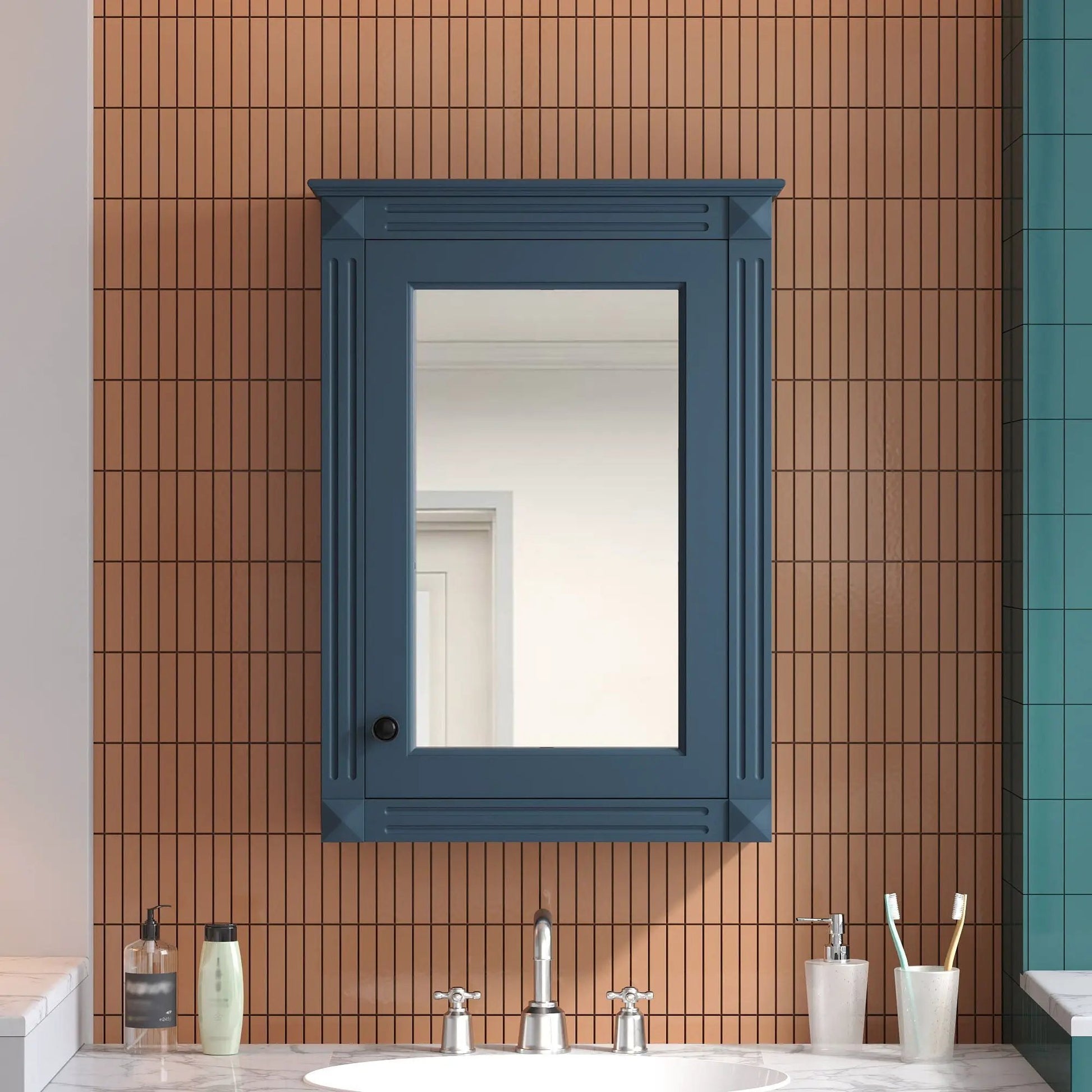 Medicine cabinet with mirror in blue, wall mounted over toilet on Tampa Home & Garden Store
