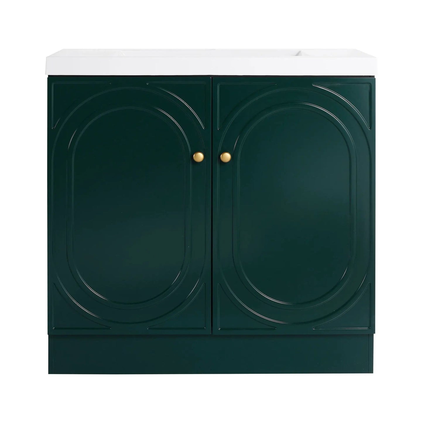 Vanity Emerald green two-door with white resin sink circular embossed doors and brass knobs on Tampa Home & Garden Store