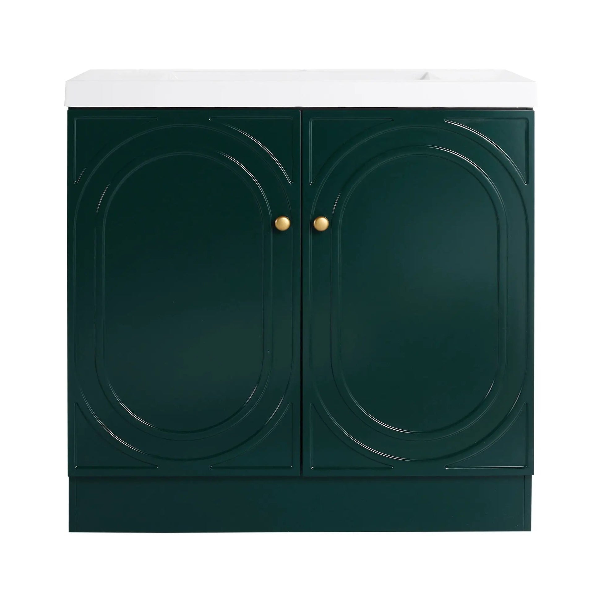 Vanity Emerald green two-door with white resin sink circular embossed doors and brass knobs on Tampa Home & Garden Store
