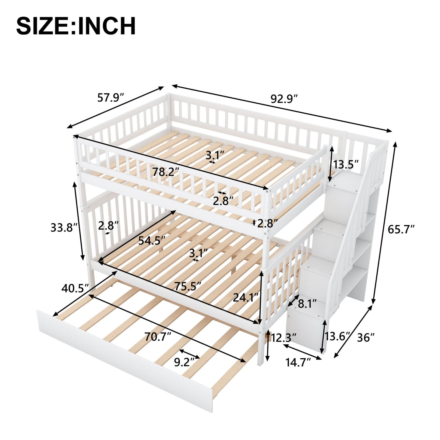 Bunk bed with staircase by HouseOfZazla, white wood frame with slatted bases on Tampa Home & Garden Store