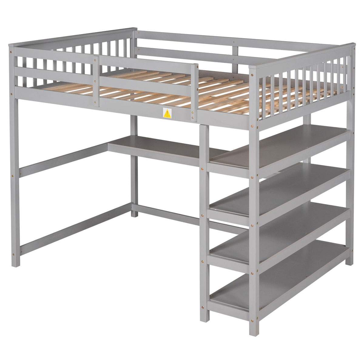 Gray loft bed with storage shelves and under-bed desk, slatted bed frame on Tampa Home & Garden Store