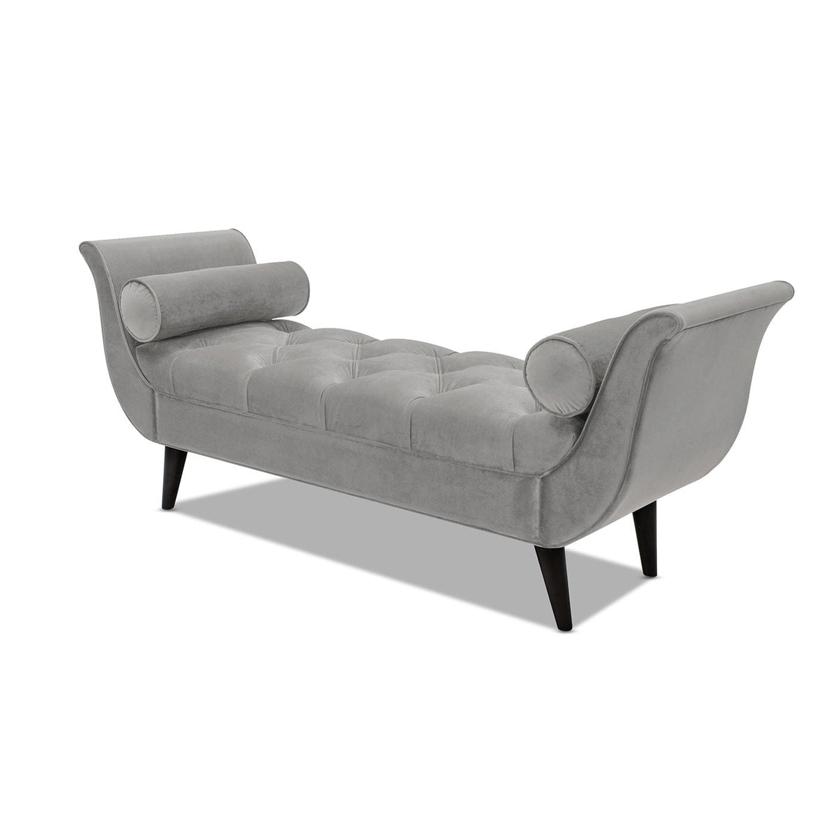Tufted flared-arm upholstered bench in gray velvet with two bolster pillows by HouseOfZazla on Tampa Home & Garden Store