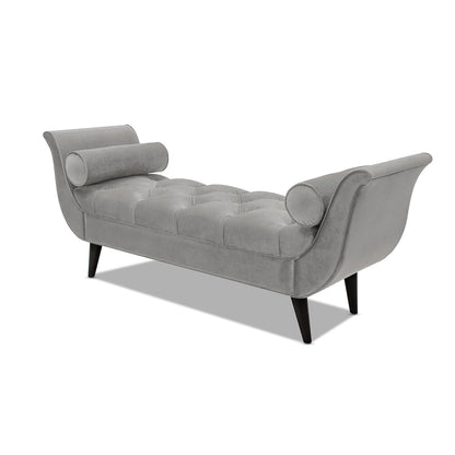 Tufted flared-arm upholstered bench in gray velvet with two bolster pillows by HouseOfZazla on Tampa Home & Garden Store