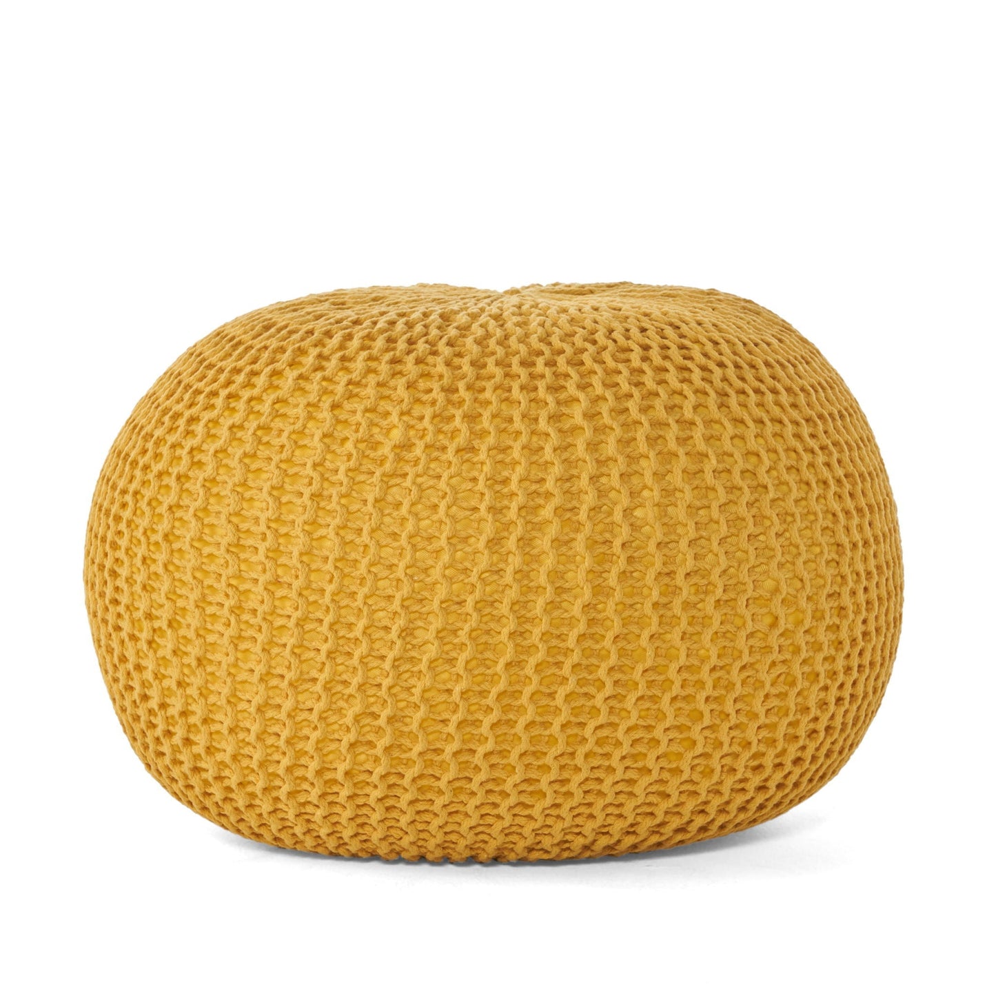 Bordeaux knitted cotton round pouf ottoman in mustard yellow, accent pouf on Tampa Home & Garden Store