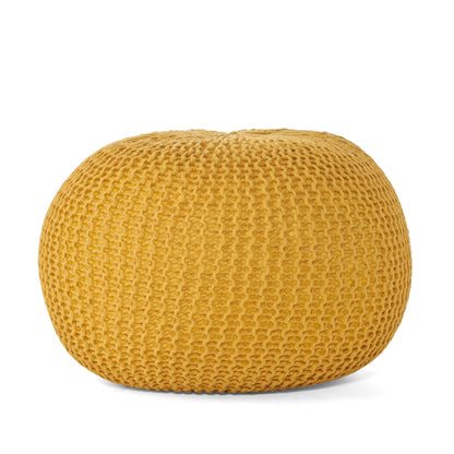 Bordeaux knitted cotton round pouf ottoman in mustard yellow, accent pouf on Tampa Home & Garden Store