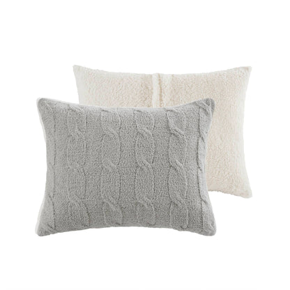 Three plush chenille pillows in gray and ivory from a 3-piece bedding set on Tampa Home & Garden Store