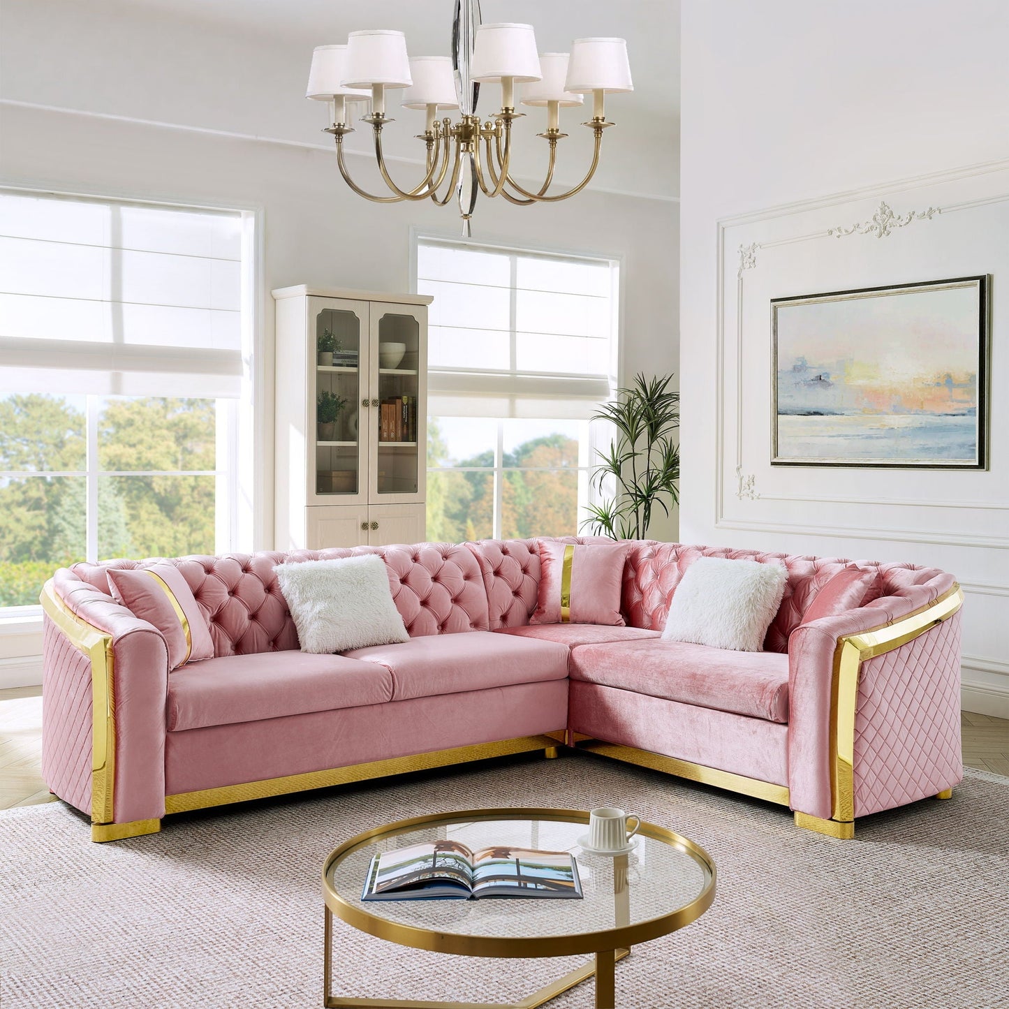 Pink velvet L-shaped Chesterfield sectional sofa with gold-tone frame by HouseOfZazla on Tampa Home & Garden Store