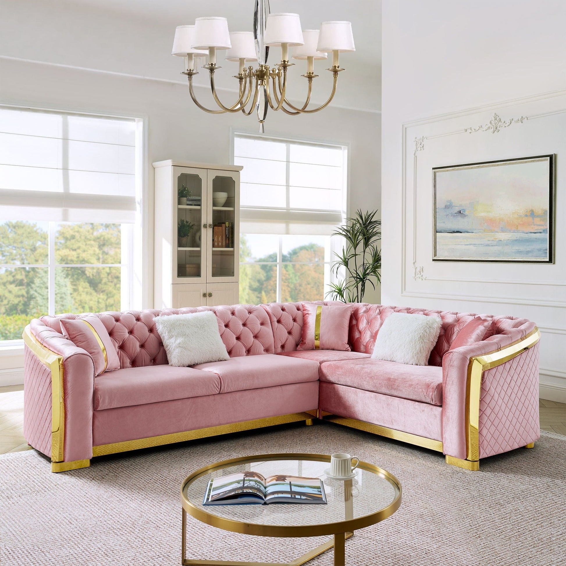 Pink velvet L-shaped Chesterfield sectional sofa with gold-tone frame by HouseOfZazla on Tampa Home & Garden Store