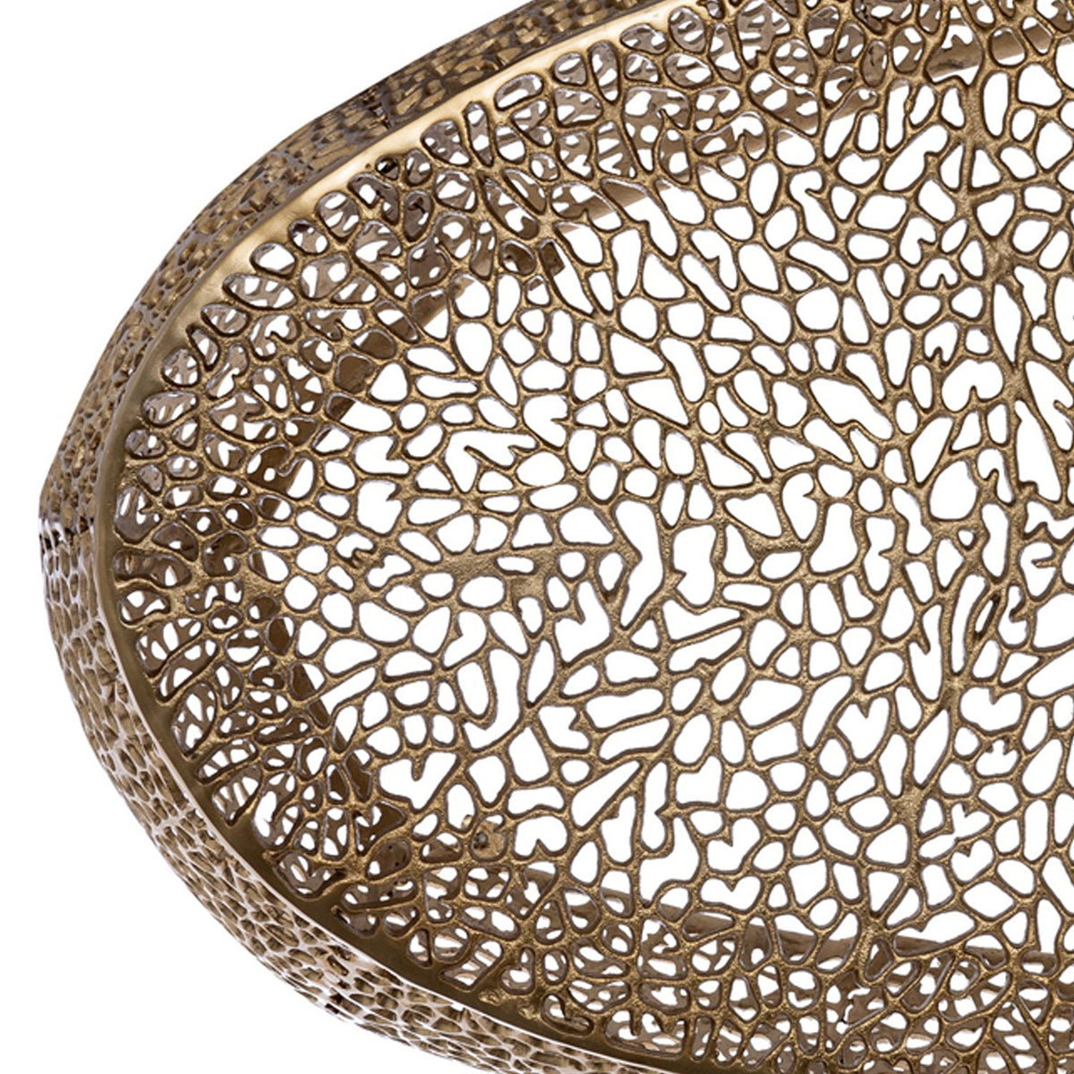 Oval coffee table with a gold-tone openwork aluminum frame and lattice design on Tampa Home & Garden Store