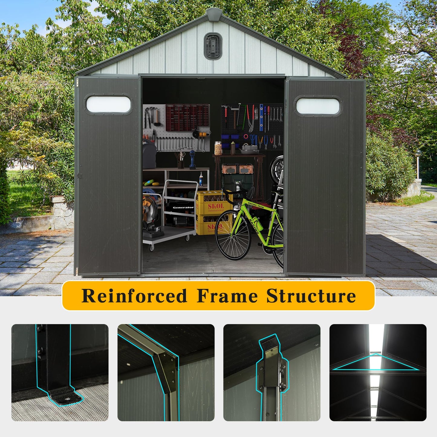 8x8FT Resin Outdoor Storage Shed with Lockable Door dark gray; doors open to reveal workshop on Tampa Home & Garden Store